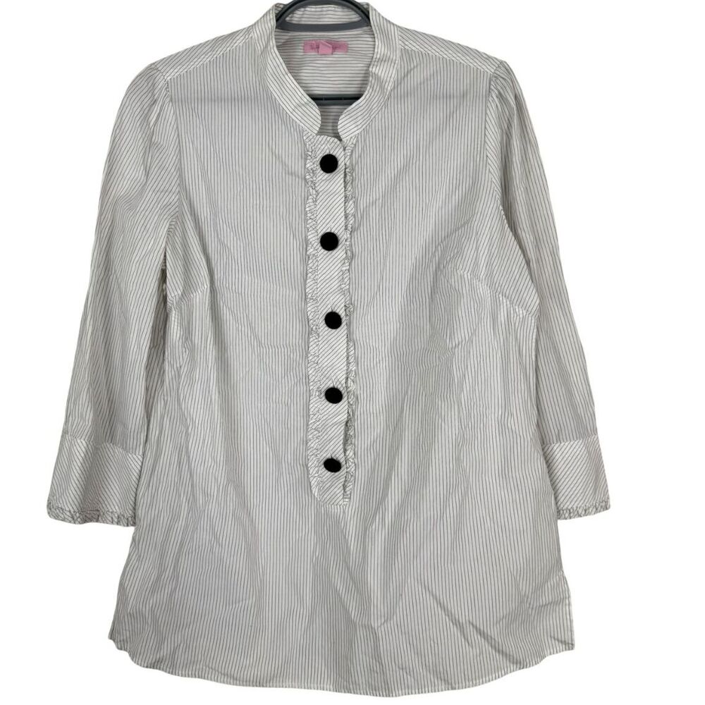 Lilly Pulitzer White Striped Ruffle Blouse 12 Professional Edwardian Regency